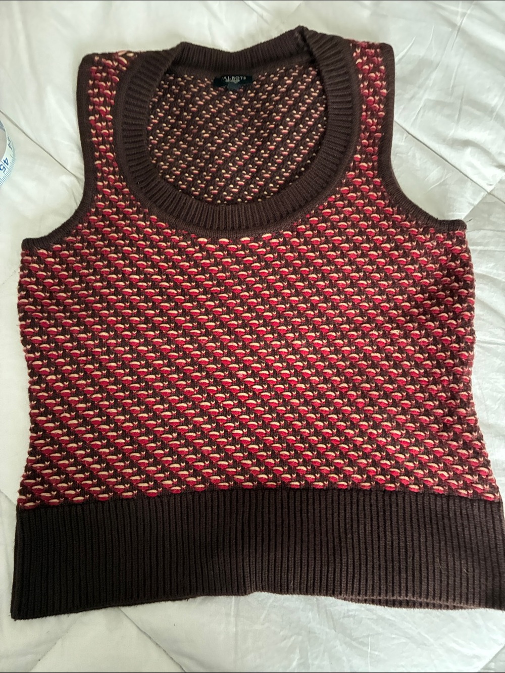 Talbots Red, Brown & Cream Knit Sleeveless Crewneck Sweater Vest